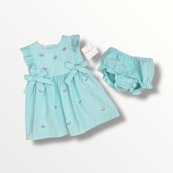 Starting Out Baby Girls 18M Watermelon Seersucker Dress Set Bloomers Bow New - Picture 1 of 9